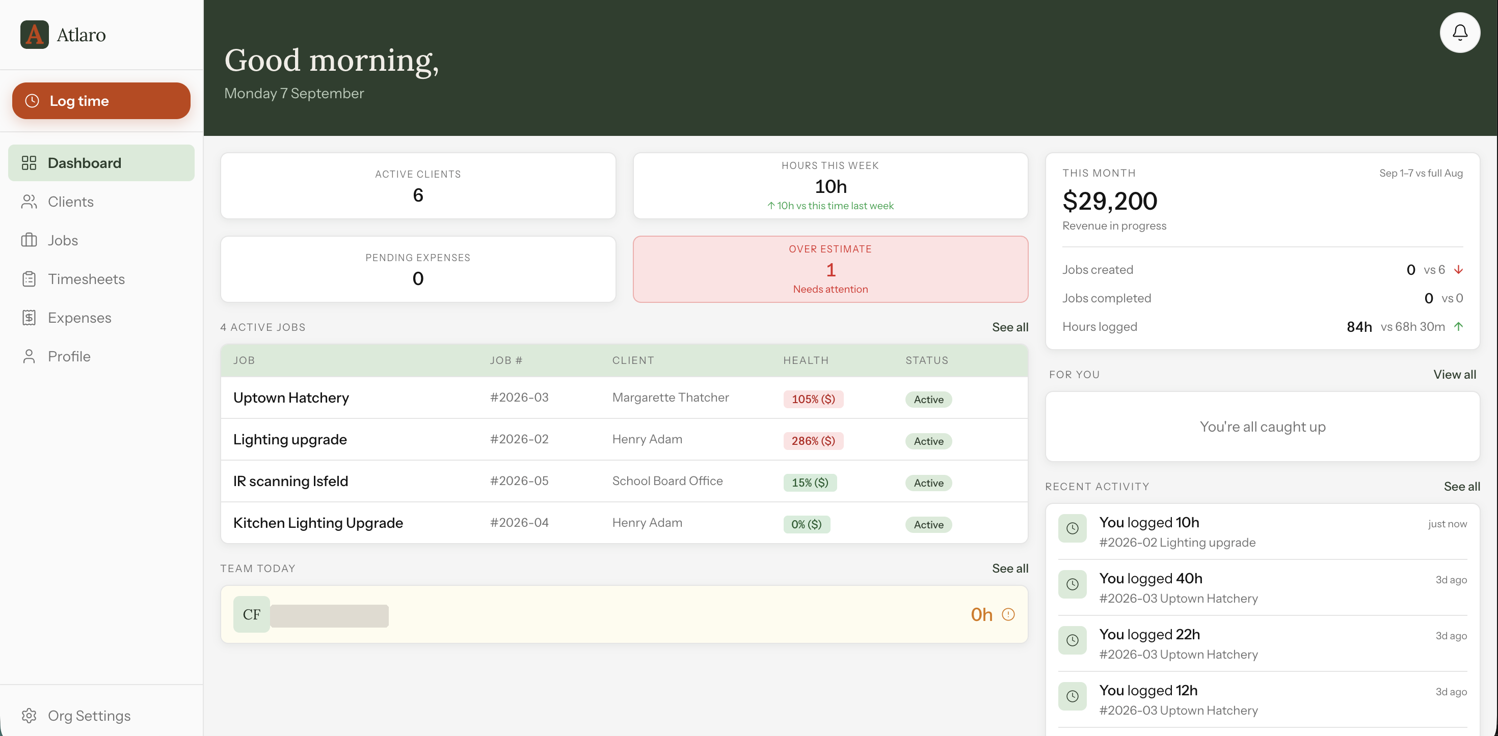 Atlaro dashboard showing active jobs, job health against quote, hours this week, and recent activity
