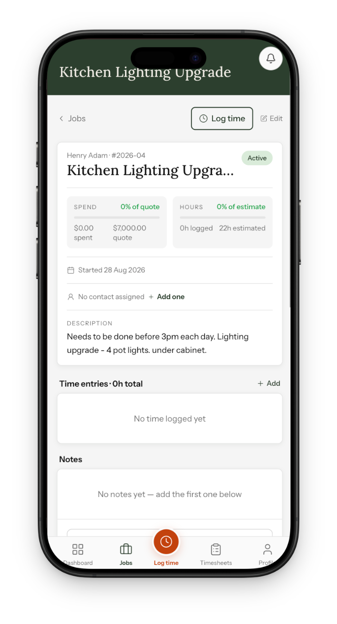 Atlaro app showing job hours logged from a phone