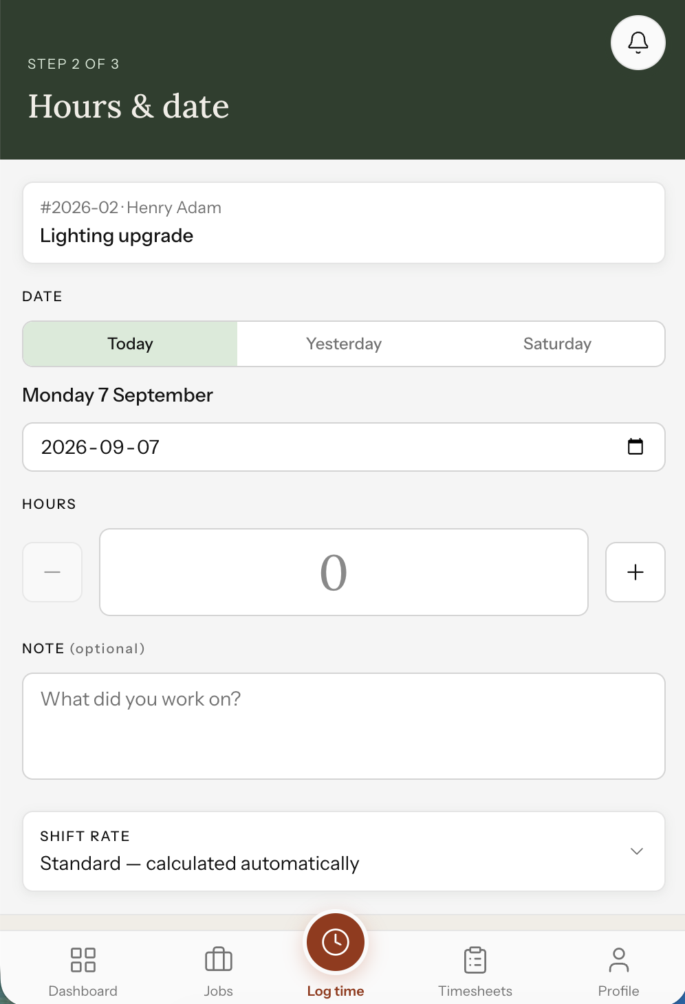 Atlaro log time step 2 of 3: enter hours and date