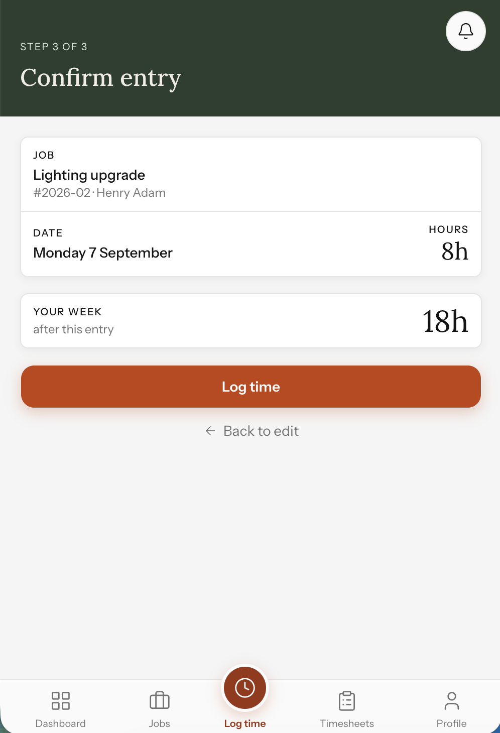 Atlaro log time step 3 of 3: confirm and submit the entry